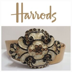 HARRODS Tan Leather Belt with Large Enamel & Rhinestone Ornate Buckle Sz M